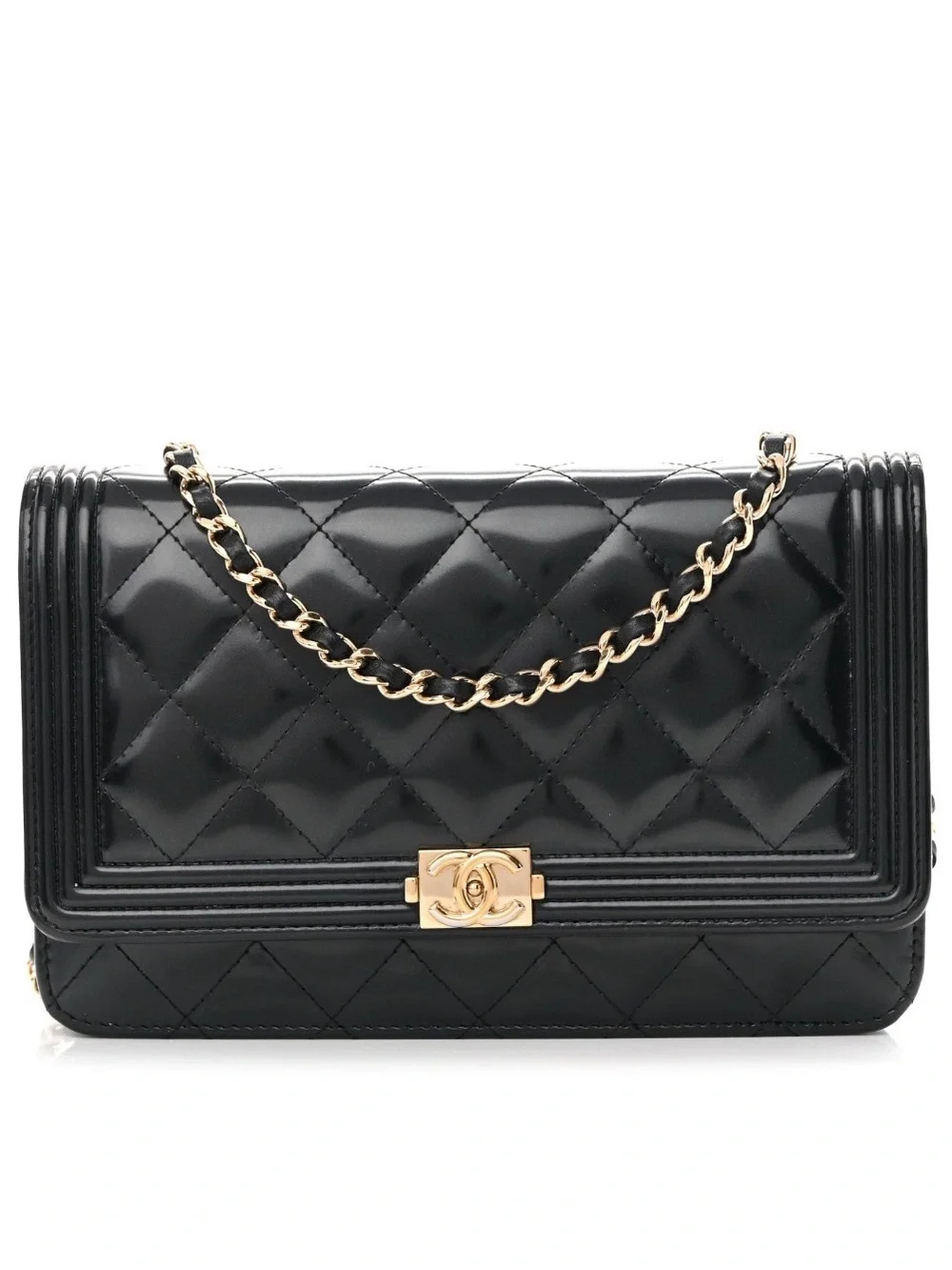 CHANEL Black Boy Quilted Leather Wallet on Chain with Gold Chain Strap